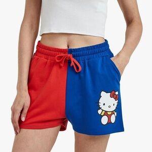 Hello Kitty Character Art Sweat Shorts Womens SZ L Blue Red Color Block New